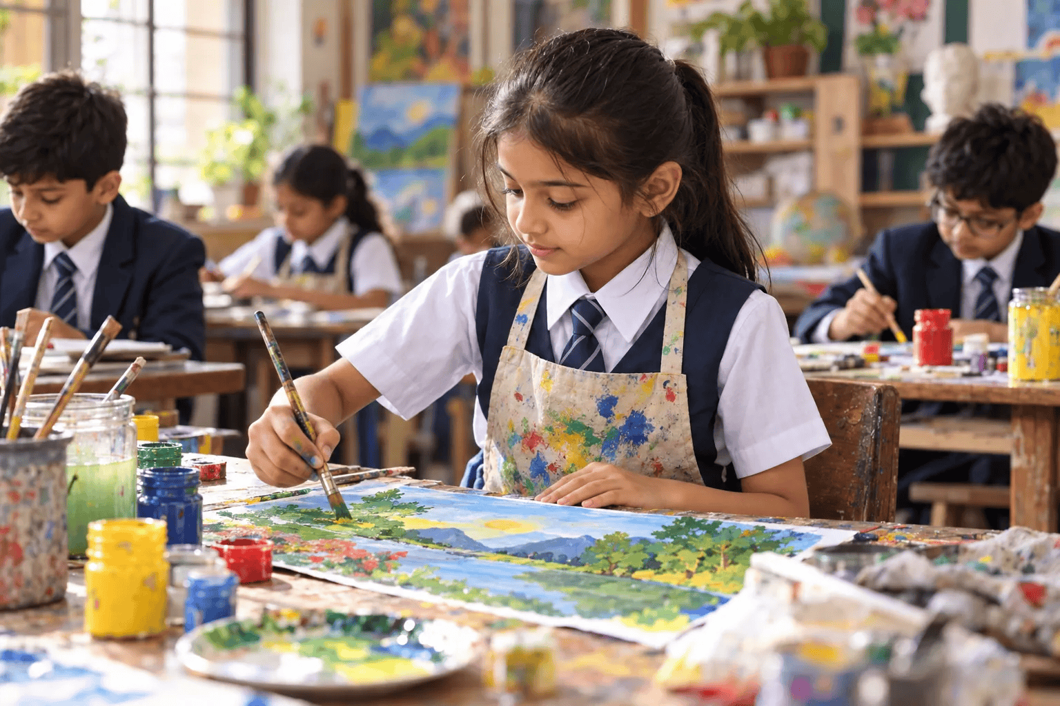 A student painting in the art room