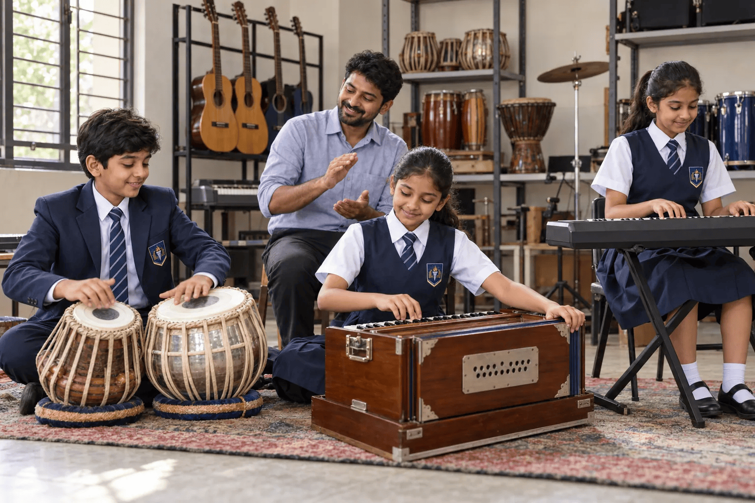 Students playing tabla, harmonium and keyboard in the music room