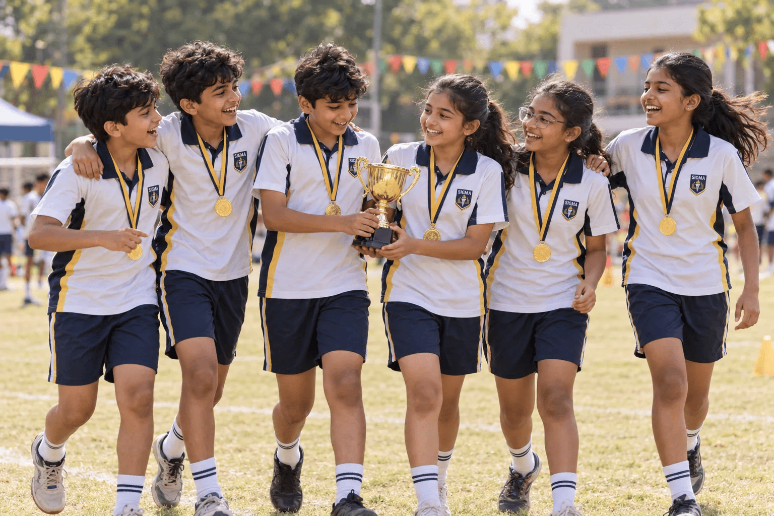 Students celebrating with medals and a trophy