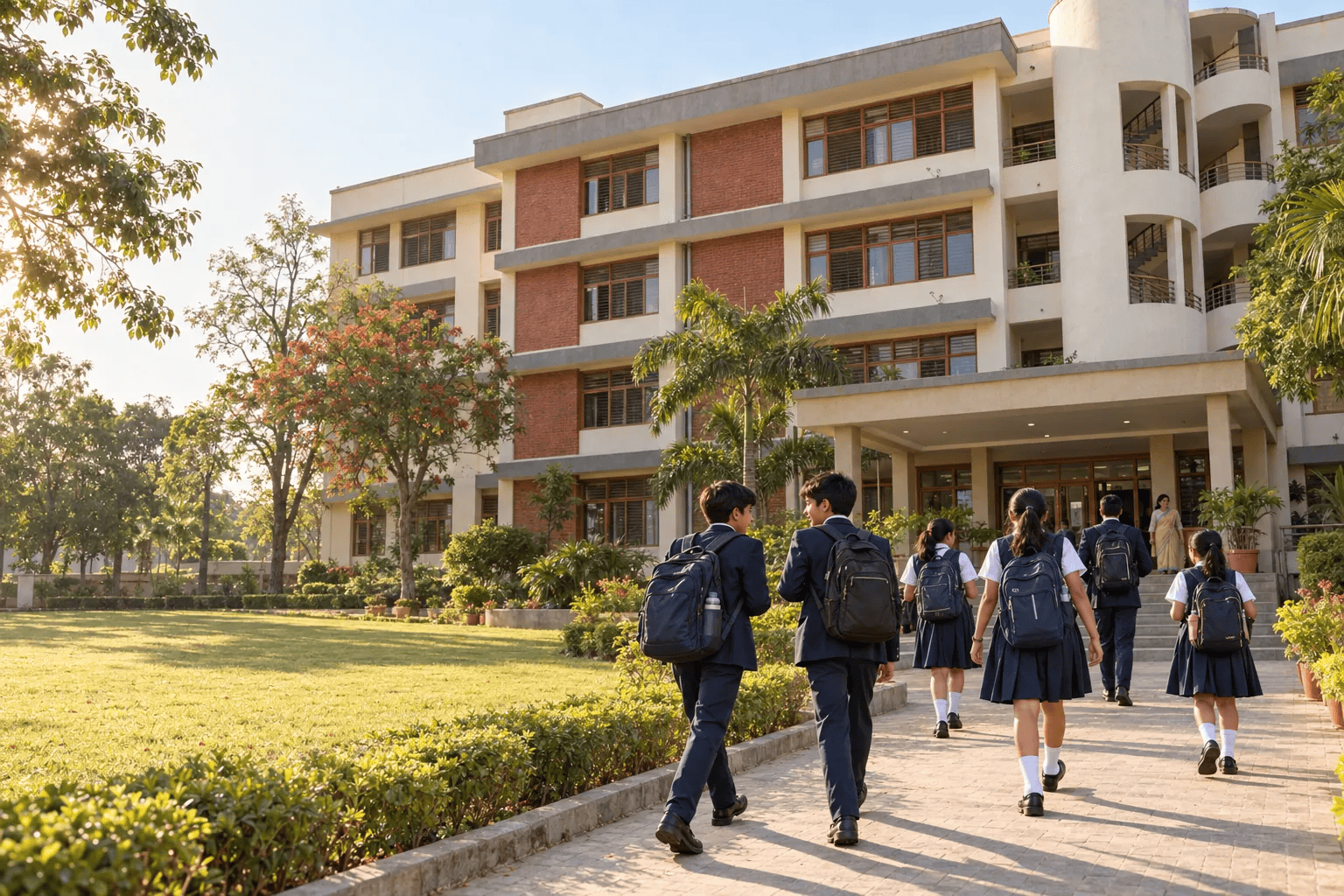 Students walking towards the main building of Sigma Horizon School