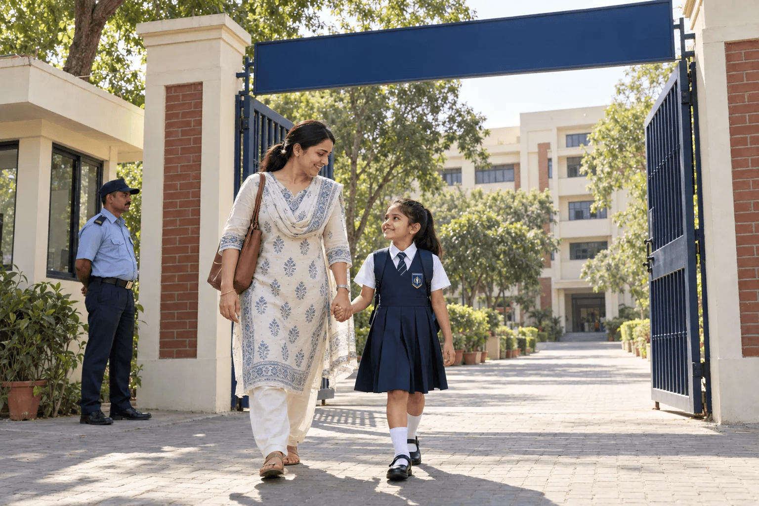 A parent and child arriving at the Sigma Horizon School entrance gate