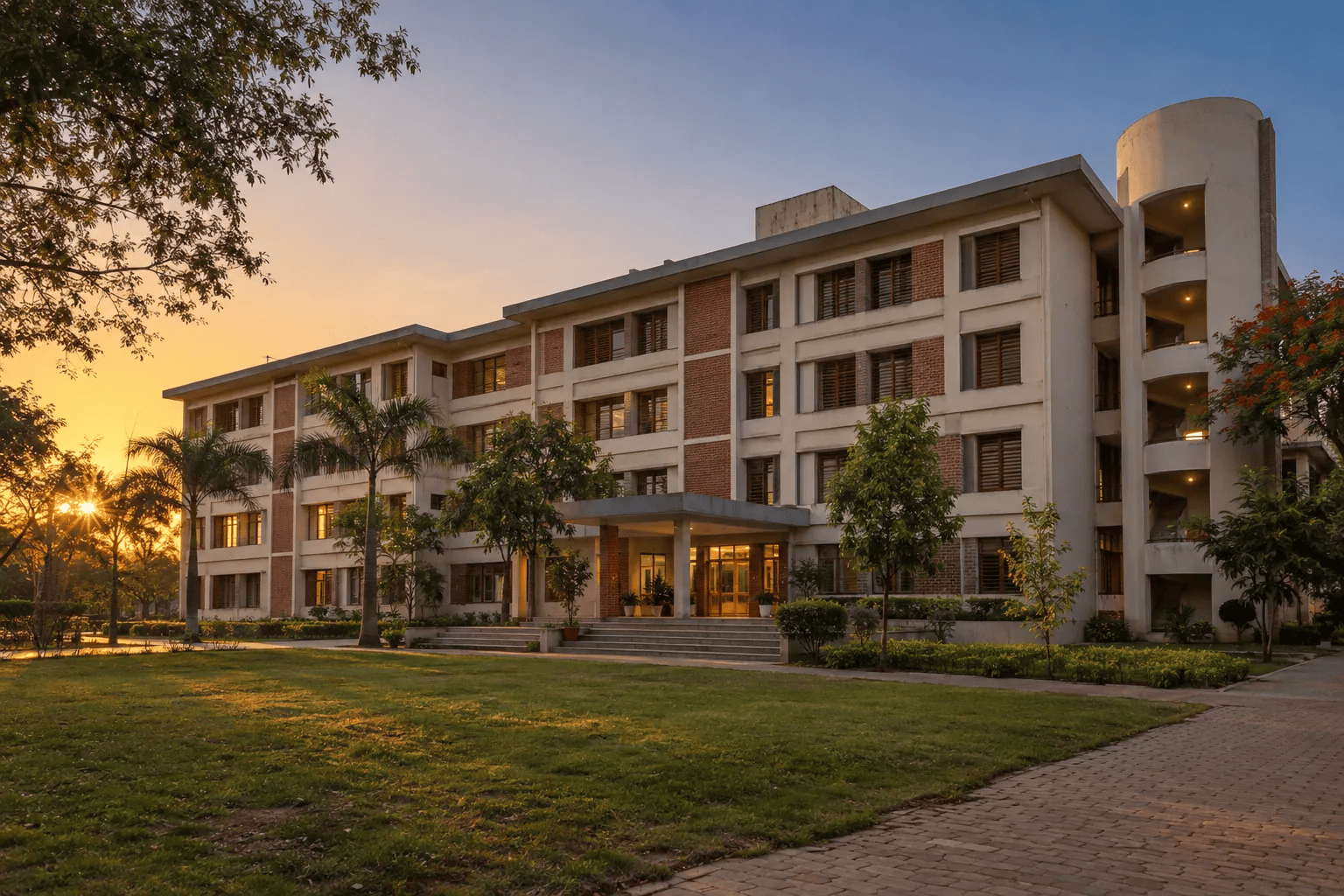 The Sigma Horizon School building and front lawn at sunset