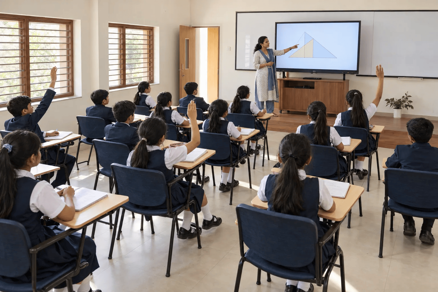 Students raising their hands during a lesson in a SIGMA classroom