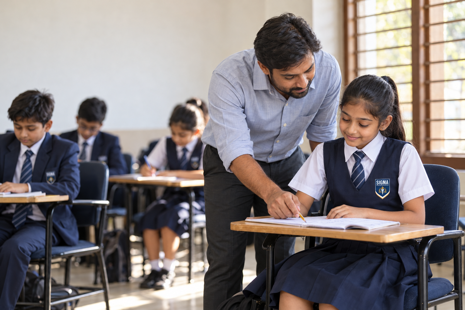 A teacher helping a student with her notebook