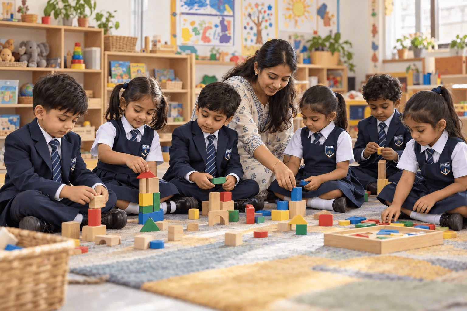 Early years children building with blocks alongside their teacher