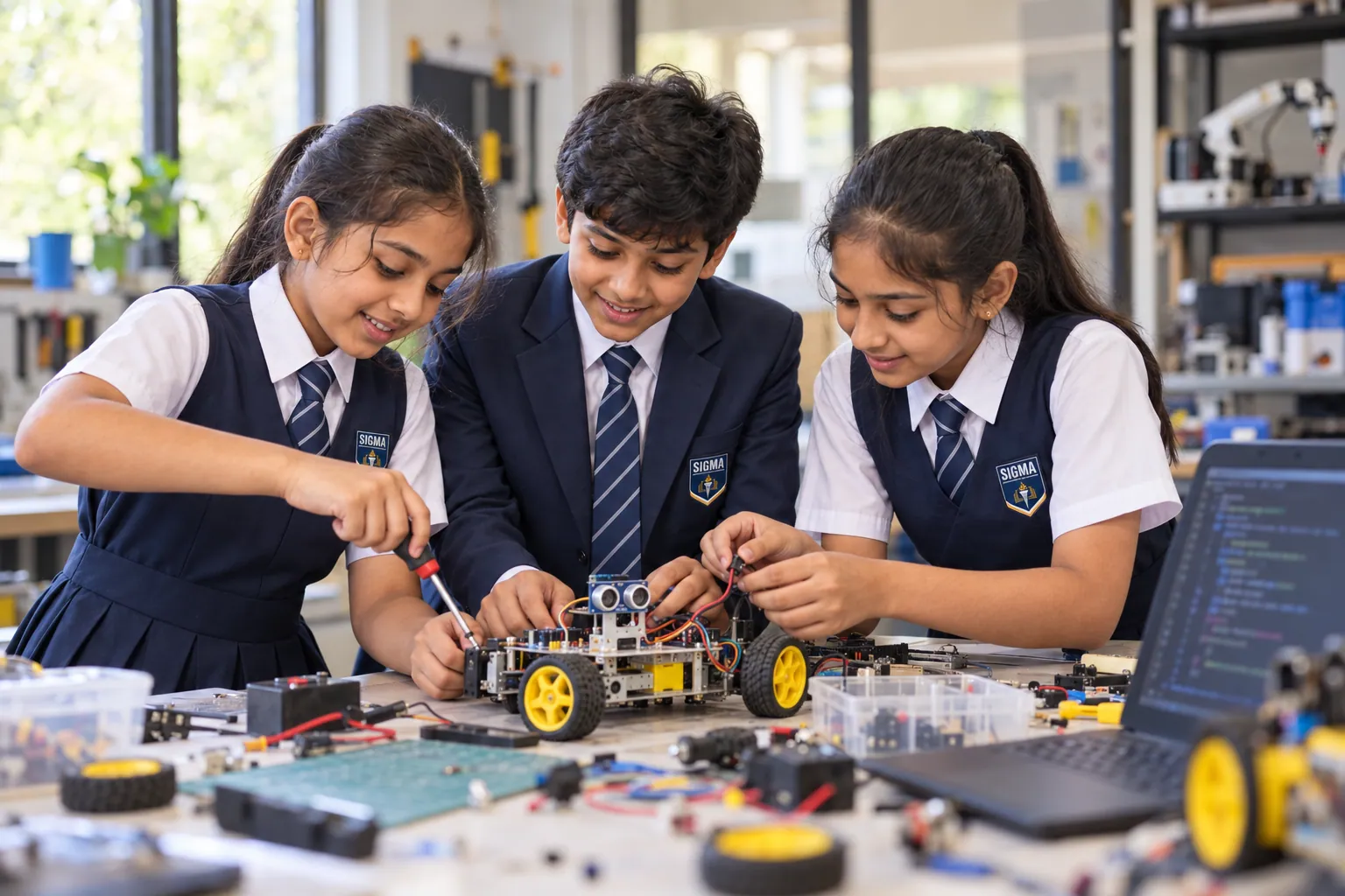 Students building a robot in the STEAM lab