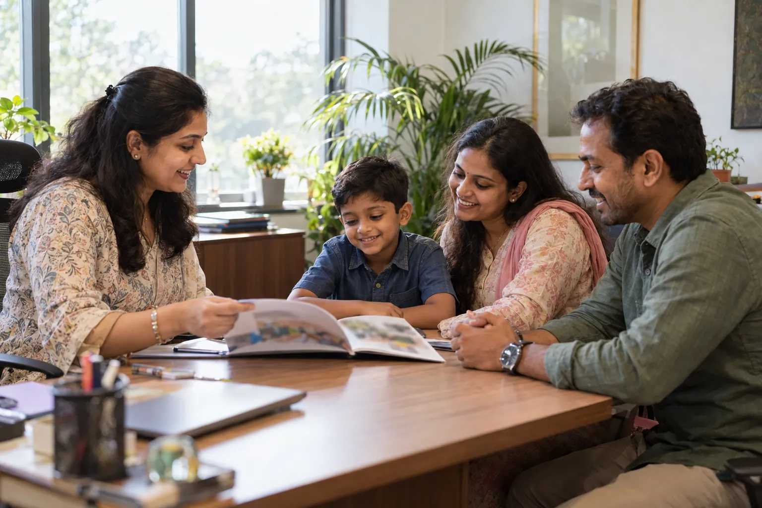 An admissions counsellor talking with a family