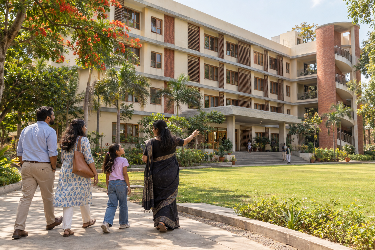 A family being shown around the Sigma Horizon School campus