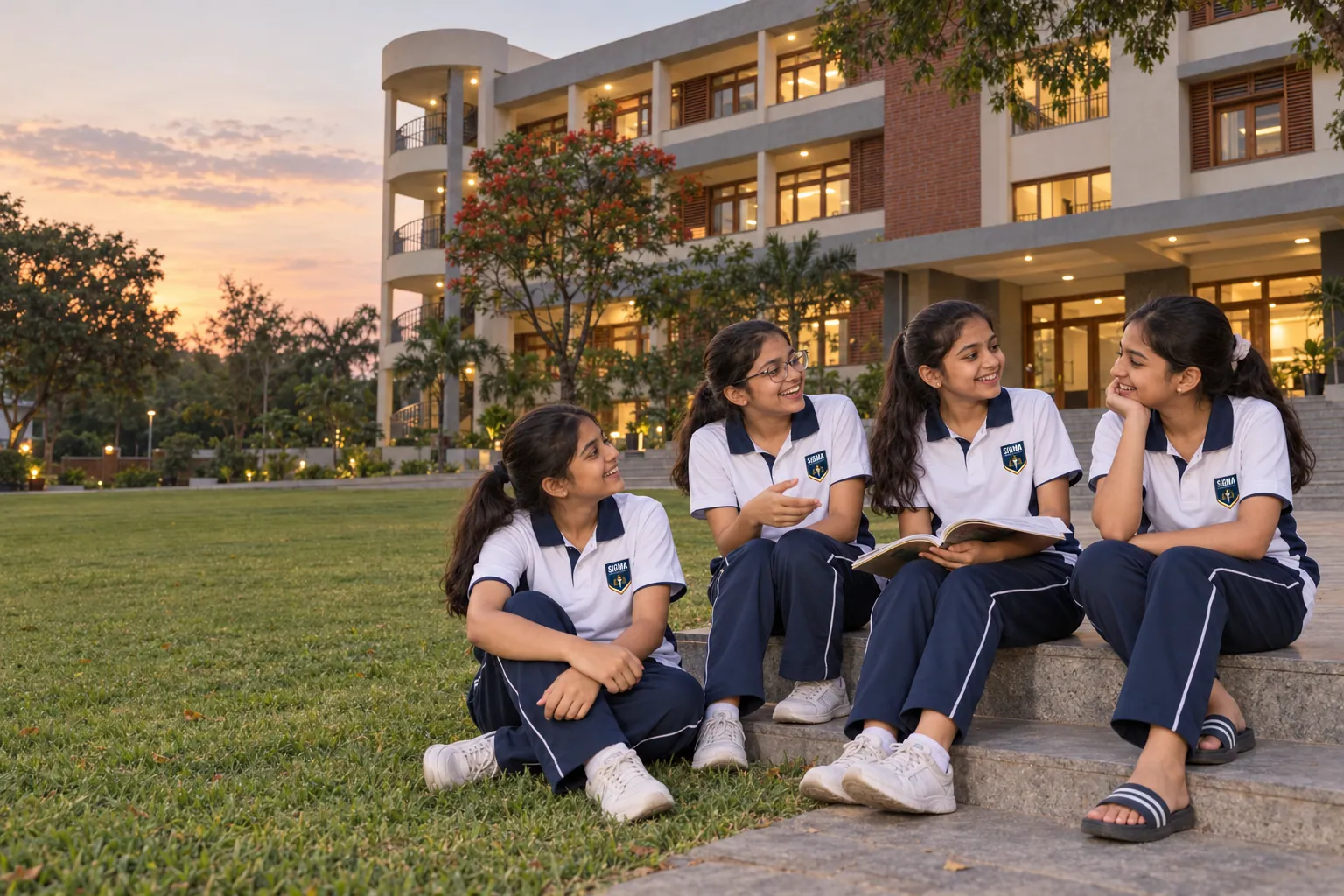 Residential students relaxing on the lawn outside the school building in the evening