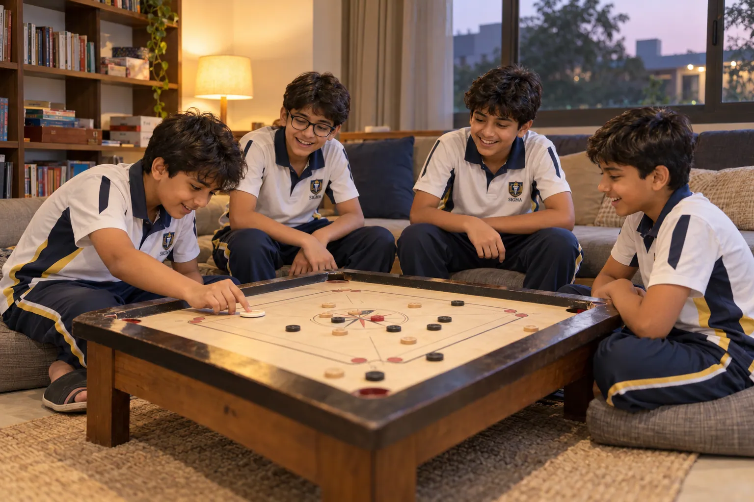Residential students playing carrom in the common room