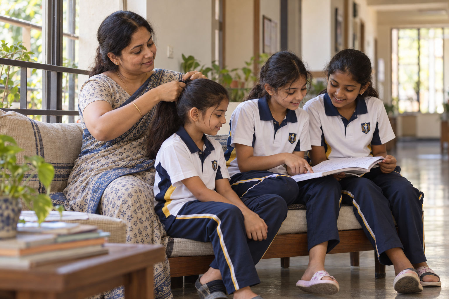 A house parent spending time with residential students