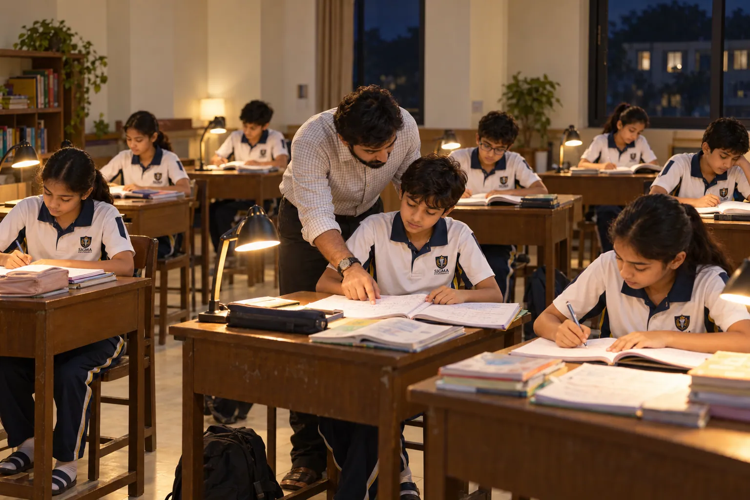 Residential students at evening study with a teacher helping
