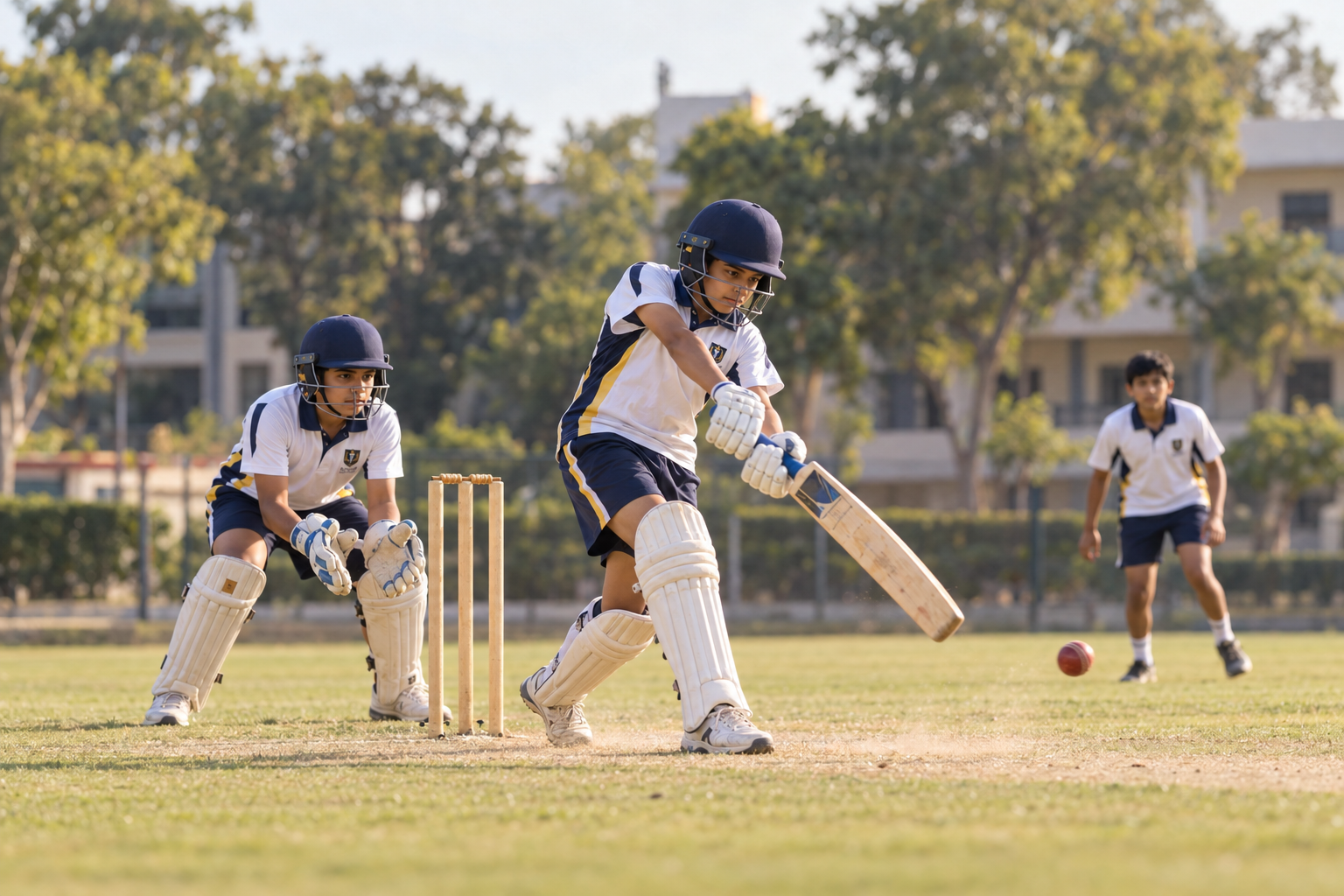 Students playing cricket on the school ground