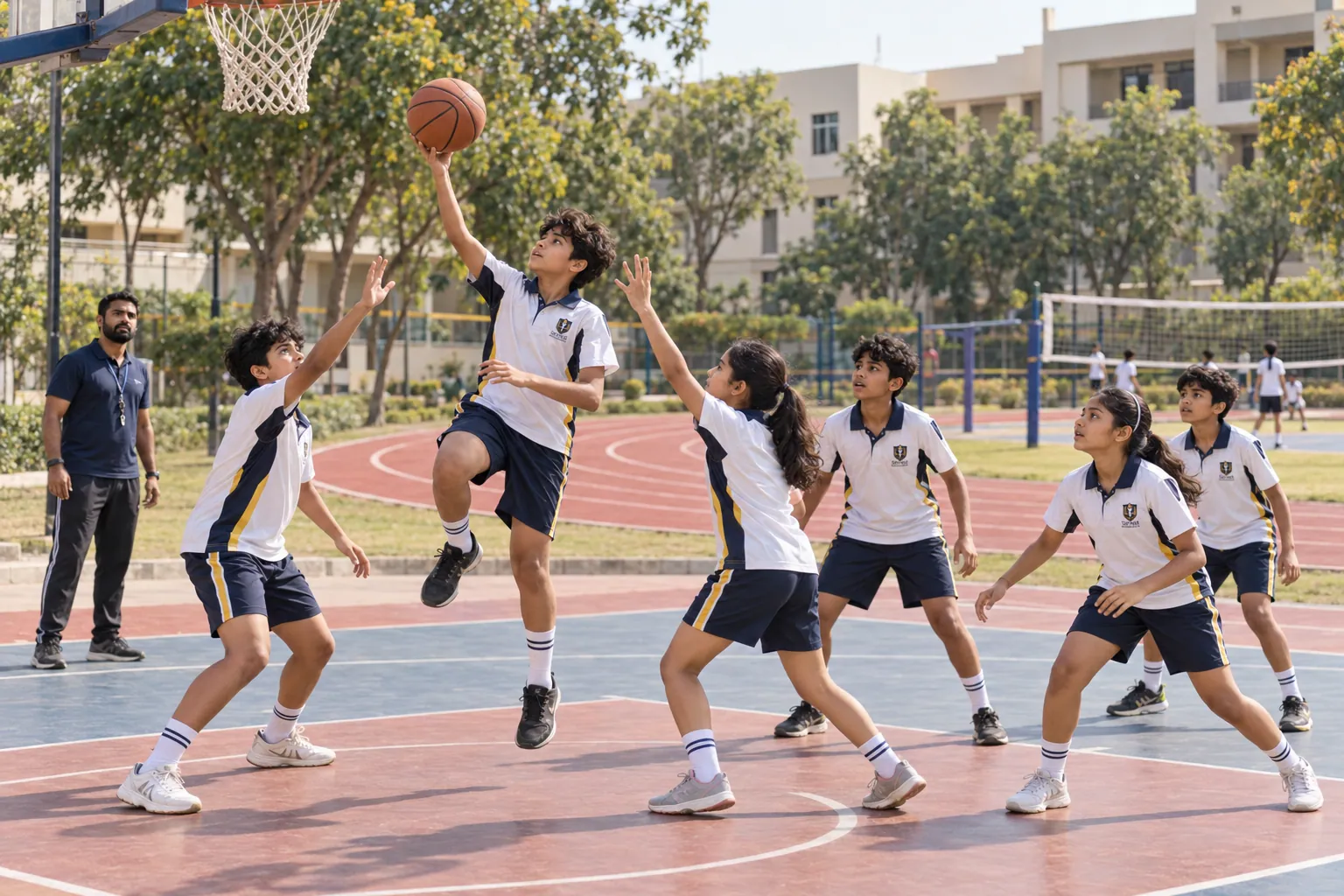 Students playing basketball on the school court