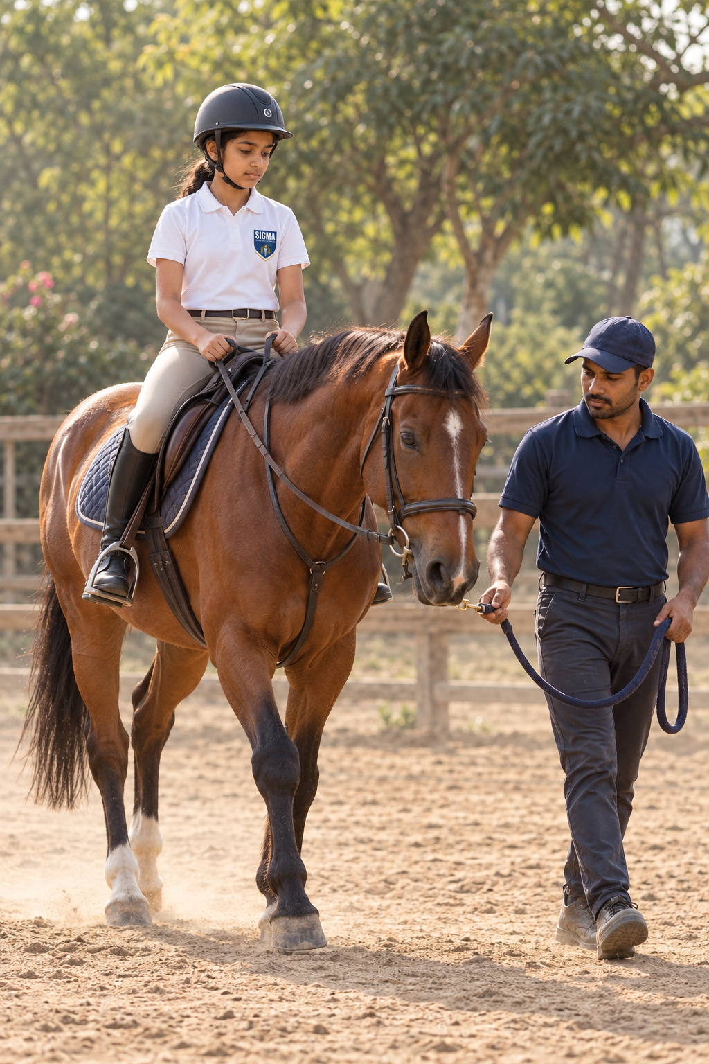 A student riding a horse with her instructor