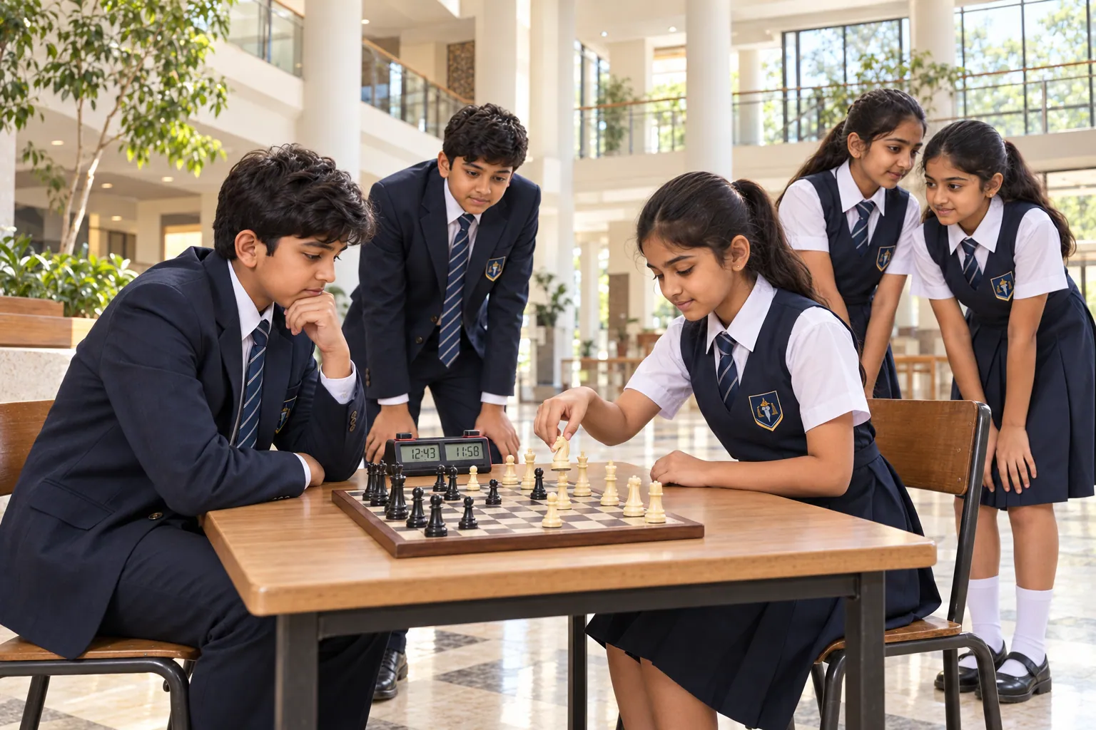 Students playing chess in the school lobby