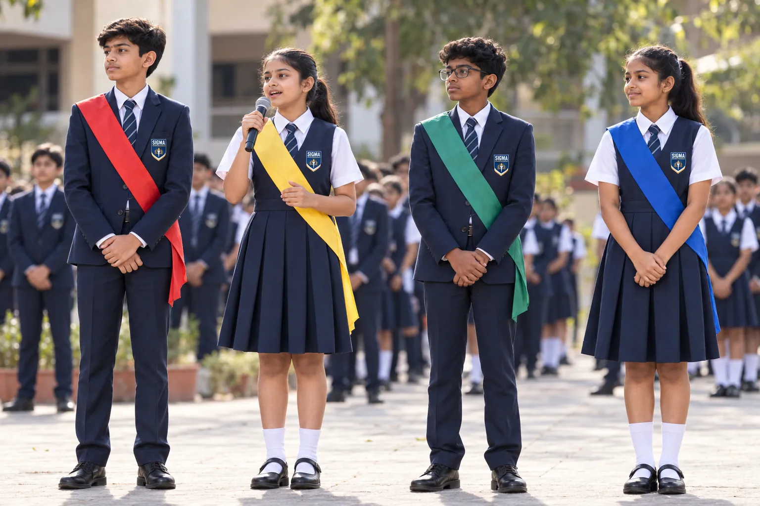 Student leaders speaking at morning assembly