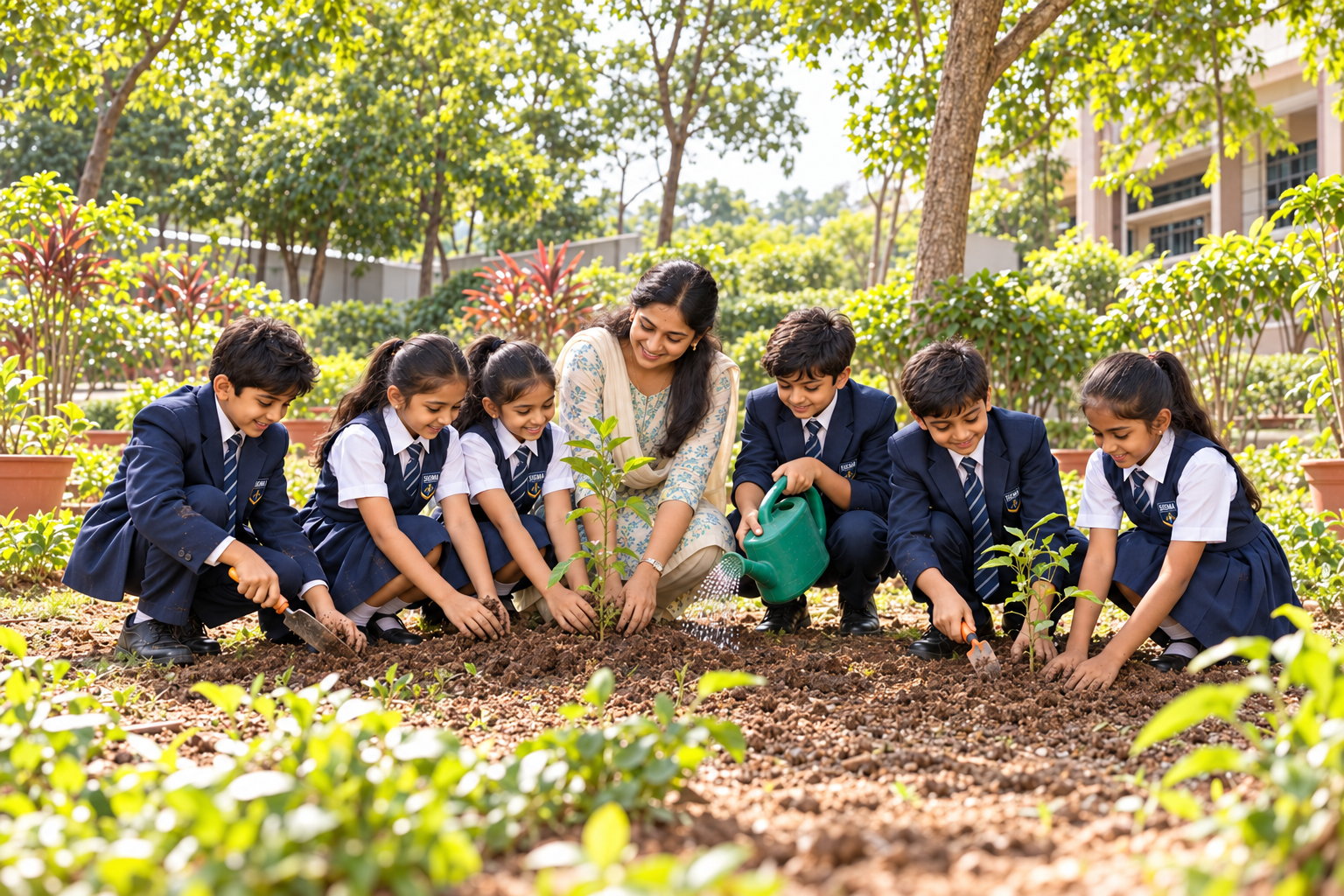 Students and a teacher planting saplings in the school garden