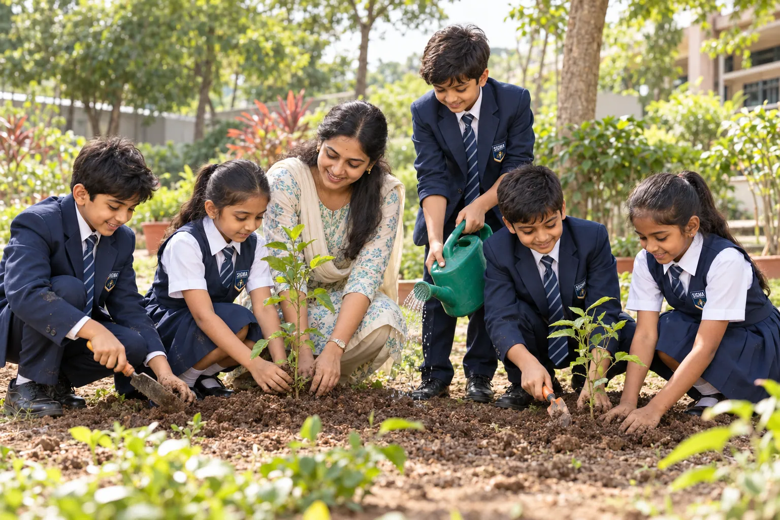 Students and a teacher planting saplings in the school garden