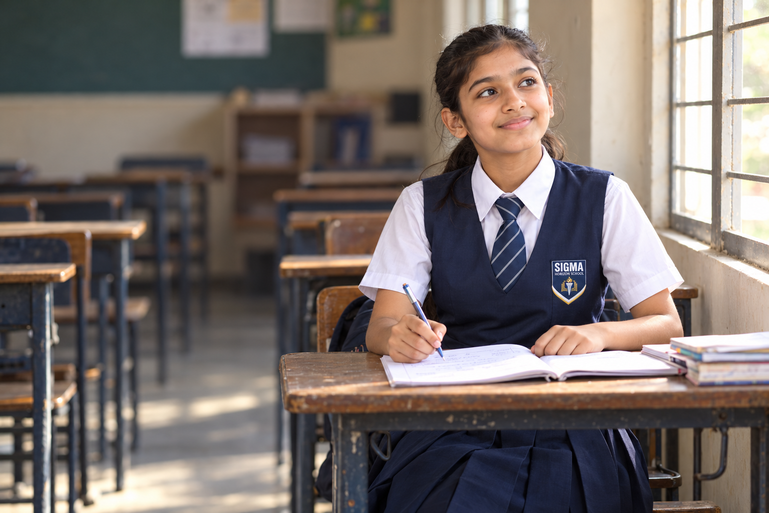 A student looking up thoughtfully from her notebook