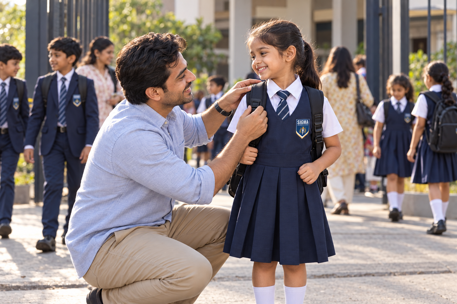 A father adjusting his daughter's school bag at morning drop-off